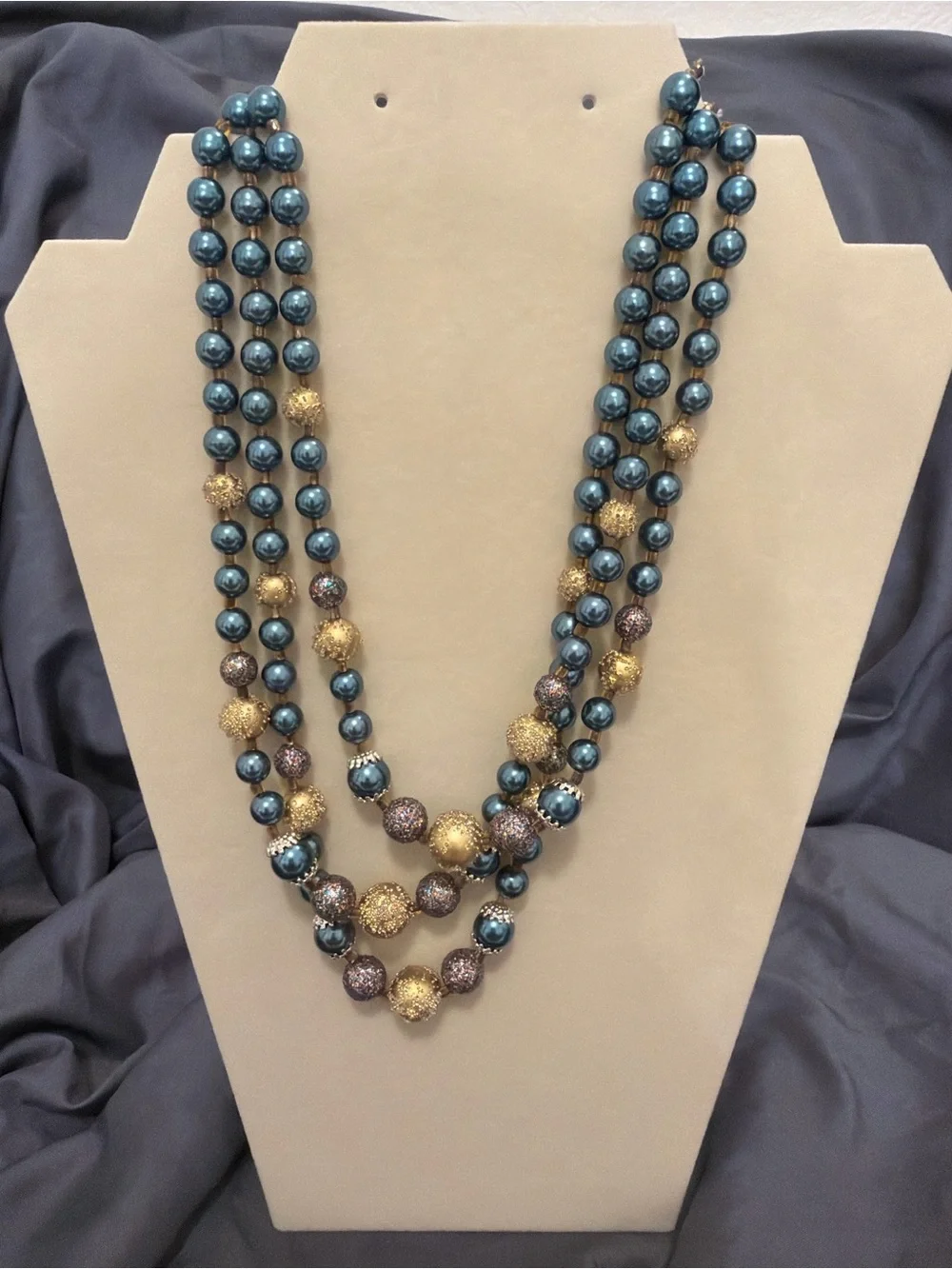 Triple-Strand Teal and Gold Beaded Necklace - Women Jewelry